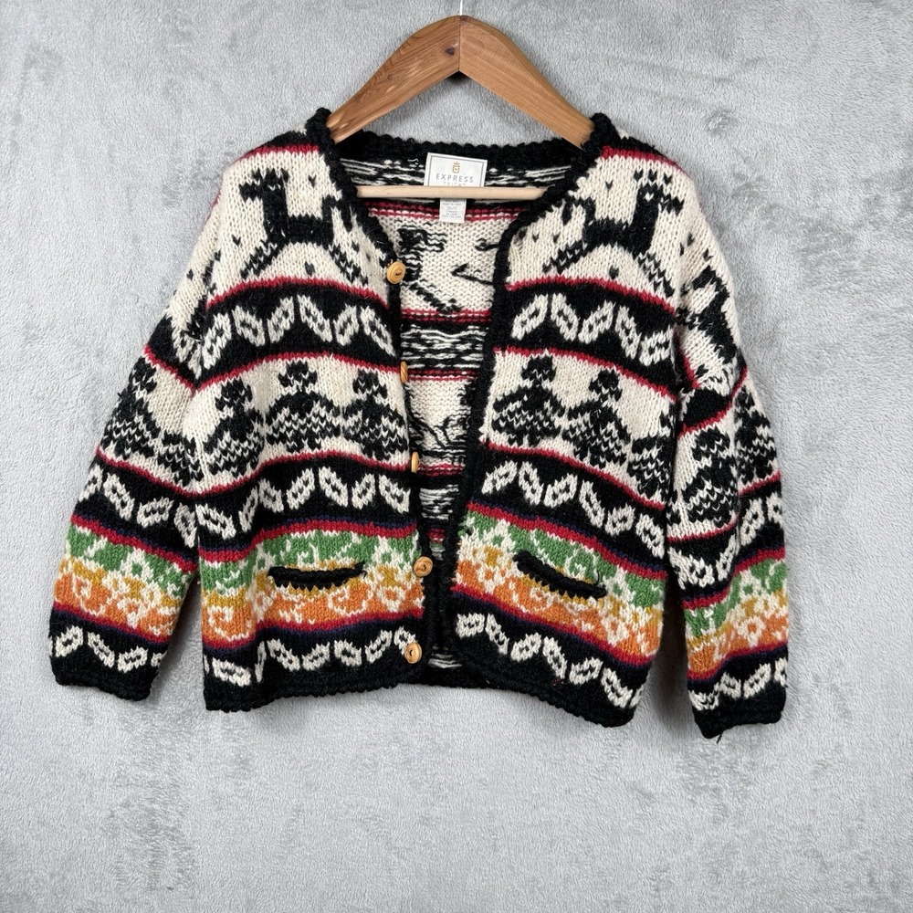 Express Tricot Cardigan Sweater Womens XS/S Hand Knitted Wool Folk Art 90s VTG